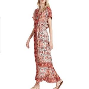 Red Paisley Print Short-Sleeve Maxi Dress